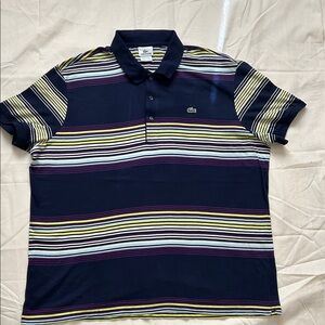 Lacoste Navy Polo with Yellow, White & Purple Stripes
